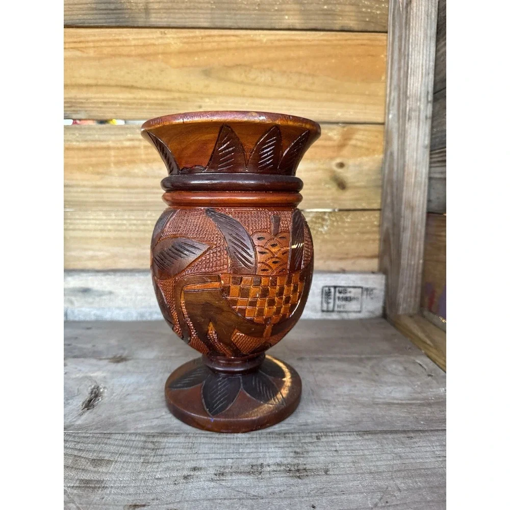 Vintage Hand Carved Wood  Bud Vase Folk Art Decor Flower Donkey‎ Palm Design
